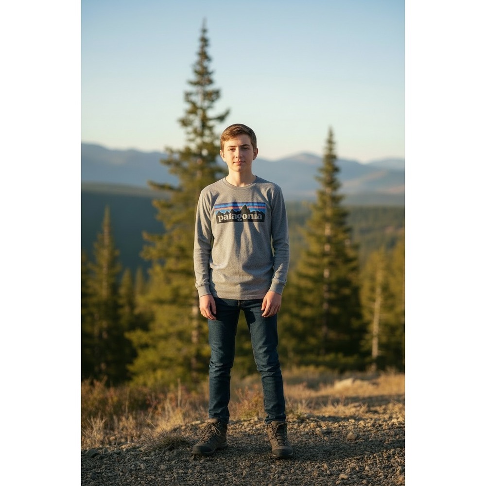 Patagonia Mountain Logo Long Sleeve T-Shirt Gray Boys SZ XL 100%‎ Organic Cotton